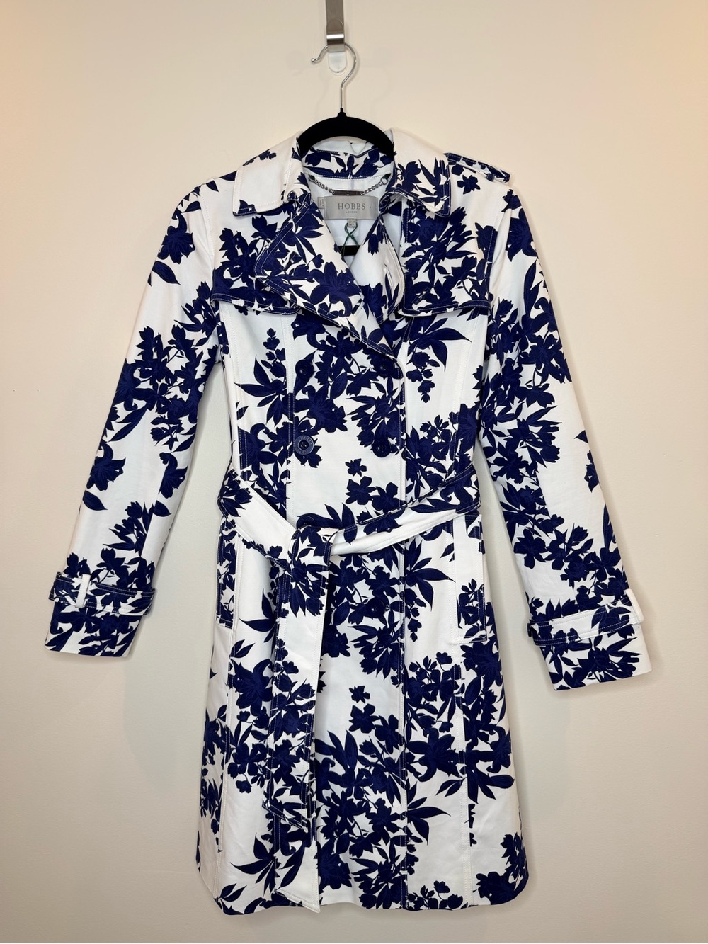 Hobbs London Analia Floral Blue White Trench Coat Women's 4 Belted Double Breast